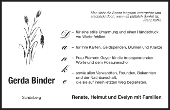 Traueranzeige von Gerda Binder von Pegnitz-Zeitung